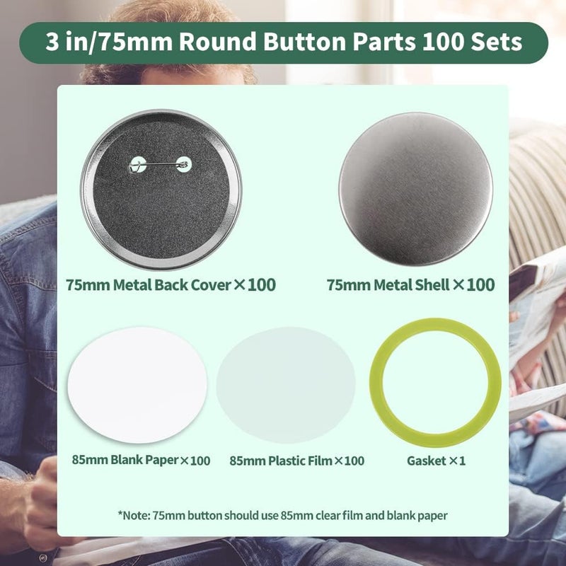 Mostme 100 Sets 3 inch Button Maker Supplies, 75mm Button Supplies Parts Badge Part, Buttons Making Supplies, Includes Metal Pin Back Cover, Metal Shells, Blank Paper&Clear Film - Image 2